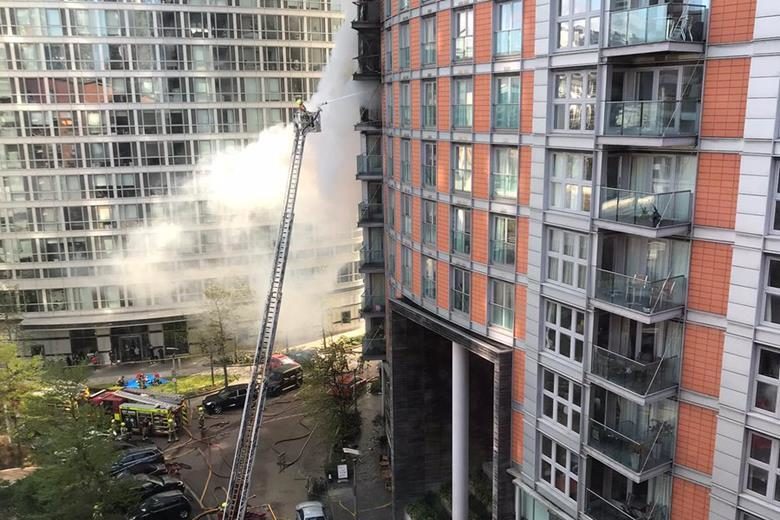 A picture of the tower block fire at New Providence Wharf in East London